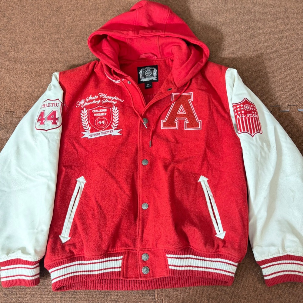 Noiz Mens Wool Blend Hooded Varsity Jacket Red White Letterman XL Patch Coat C+